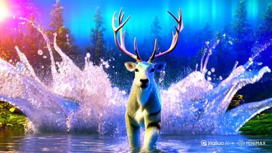 `liquid glass deer galloping towards camera, ultra close-up仰视镜头, 动态水花凝结成鹿角, 虹彩折射光斑, 背景极光森林, 冷蓝主色调, 慢动作飞溅细节, 水流拖尾特效 --ar 9:16 --v 6.0`
`crystal water tiger bursting from splashes, 俯冲镜头跟随, 虎眼液态钻石质感, 丛林荧光藤蔓破碎特效, 霓虹水雾环绕, 动态模糊强化速度感, 前场景水珠重组为虎纹 --ar 9:16 --v 6.0`[推出,上升,下摇][推进,上升]
`glacier elephant stride with water shockwaves, 正面推进镜头, 象耳透光显示内部流动水系, 星辉湖泊倒影, 低频震动粒子, 重力扭曲水滴悬浮, 月光穿透水体投影 --ar 9:16 --v 6.0` by Hailuo AI Video Generator