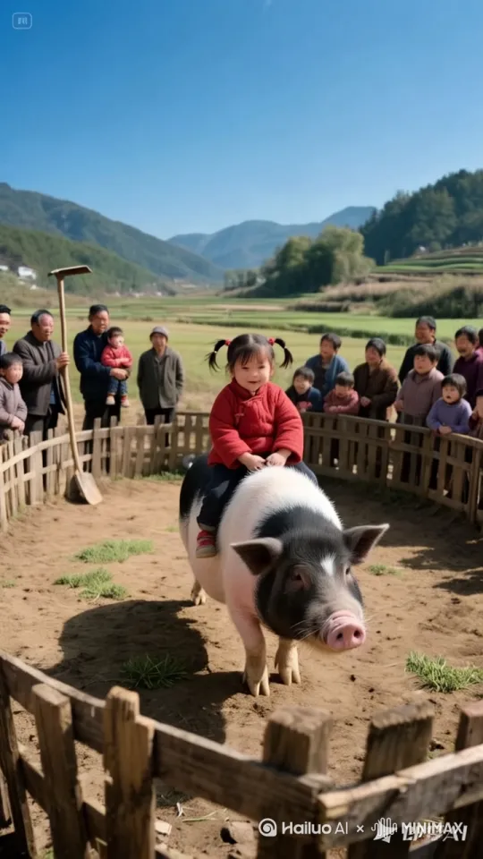 母猪在场地中奔跑，上下跳跃、疯狂跳跃，小女孩紧紧骑在母猪身上，镜头移动 by Hailuo AI Video Generator