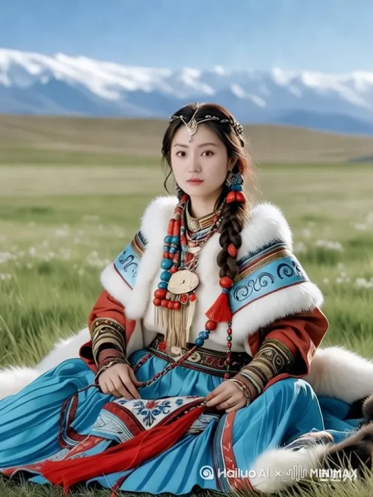 [左移,推进,右摇]女人站起来骑上马草原策马扬鞭，裙摆随风飘扬 by Hailuo AI Video Generator