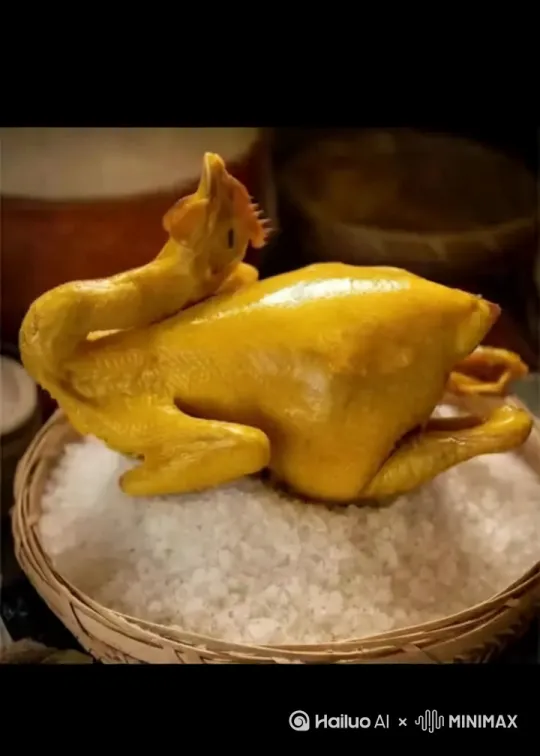 盐一粒一粒落在鸡身上
把鸡放到瓦罐里，瓦罐铺1-2厘米厚粗盐垫底
用纱纸或油纸双层包裹整鸡，防止盐分过度渗透。中小火焗10分钟后转最小火，总时长约1小时，关火后焖15分钟利用余热熟透
成品外皮金黄干爽，肉汁饱满，骨带咸香。冷热食用皆宜，可手撕或切块。 by Hailuo AI Video Generator