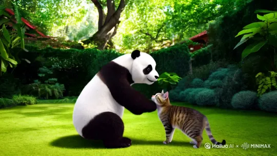 [推出,上升,下摇]一只熊猫和狸花猫在一起玩[推出,上升,下摇]一只狗和女主人从家里出来，下楼梯，在小区门口看到一辆三轮车，然后跳上来，与主人在路上兜风上。[下降,上摇] by Hailuo AI Video Generator