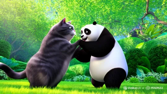 [推出,上升,下摇]一只熊猫和狸花猫在一起玩[推出,上升,下摇]一只狗和女主人从家里出来，下楼梯，在小区门口看到一辆三轮车，然后跳上来，与主人在路上兜风上。[下降,上摇] by Hailuo AI Video Generator