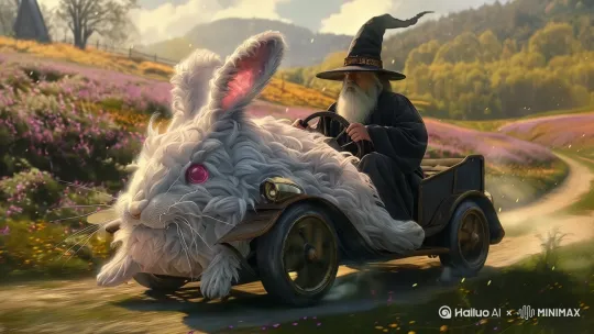 魔法师开着小兔子老爷车行驶在小路上，花瓣随风飘落 by Hailuo AI Video Generator