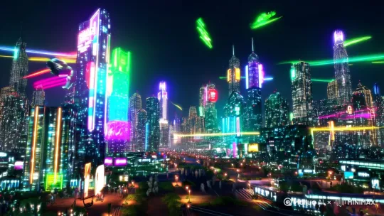 Create a 10-second cyberpunk video based on the given futuristic cityscape. Start with a zoom-in into the city at night, showcasing the towering neon-lit skyscrapers and glowing holographic advertisements. Include flying vehicles weaving through the streets, with bursts of neon light and laser beams. The atmosphere is filled with energy, and the integration of human figures and mechanical elements is visible. Add some dynamic effects like digital glitches, holograms, and flickering lights to give it a high-tech, dystopian vibe. The scene should feel alive, fast-paced, and futuristic. by Hailuo AI Video Generator