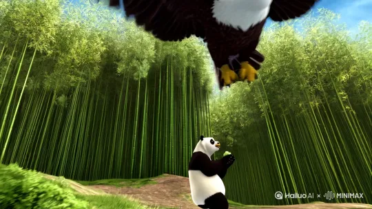 一只白头鹰从天而降赴向正在吃竹子[推出,上升,下摇]熊猫，结果態猫迅速跳到竹林中，竹子弹起正好将白头鹰弹到竹子间动弹不了，让白头鹰狼狈不堪。[左移,推进,右摇] by Hailuo AI Video Generator