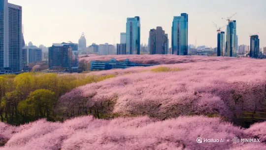 花瓣慢慢的在爬满建筑与地面，形成春天的气息[左移,右摇,跟随] by Hailuo AI Video Generator