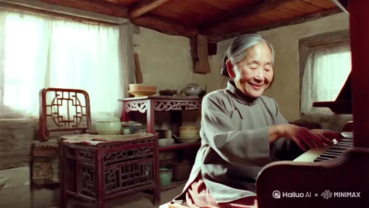 一个慈祥的中国老奶奶 ，她穿着农民的衣服，坐在朴素的家里，家里的摆设就是中国农村，比较陈旧的家居。但是她正在非常愉快的弹钢琴 by Hailuo AI Video Generator