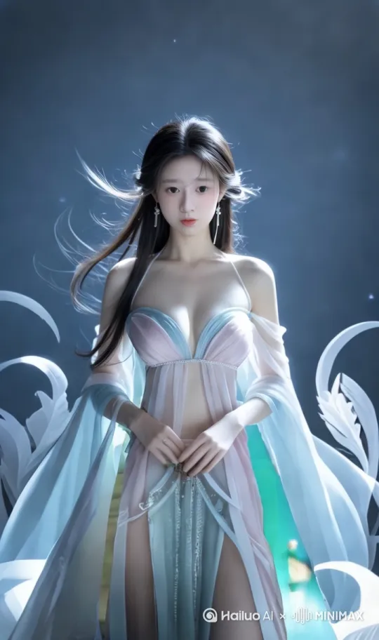 风吹轻纱随风飘扬，发丝也飘逸，女孩撩动发丝，冷艳绝色，好美！ by Hailuo AI Video Generator