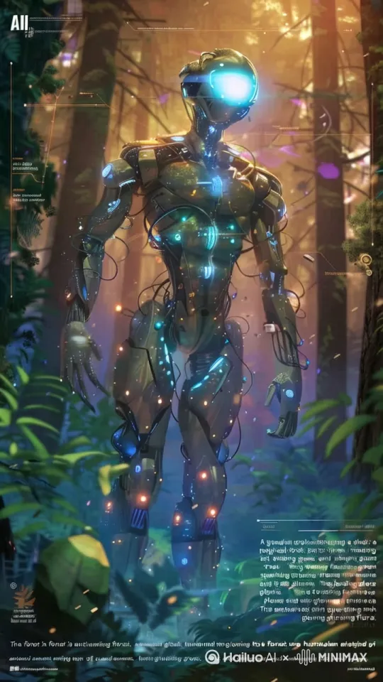 "Create a peaceful and captivating video showcasing a futuristic AI guardian protecting a magical forest, with a focus on safety and harmony. The video starts with a sweeping aerial view of the vibrant, glowing forest at dawn, with soft sunlight filtering through lush, vibrant green trees. As the camera zooms in, a humanoid robot, sleek and metallic, stands among the trees, its glowing blue eyes scanning the environment. The robot moves gracefully, interacting with the forest’s mystical elements—glowing plants, floating holographic butterflies, and shimmering streams.

The robot gently approaches an injured animal, using advanced technology to heal it, symbolizing AI’s protective role. The forest creatures, from mystical deer to glowing birds, gather around the robot in a peaceful, harmonious manner. The scene transitions into a serene moment where the robot stands atop a hill, gazing over the peaceful forest, the sky painted in soft orange and purple hues of sunset. by Hailuo AI Video Generator