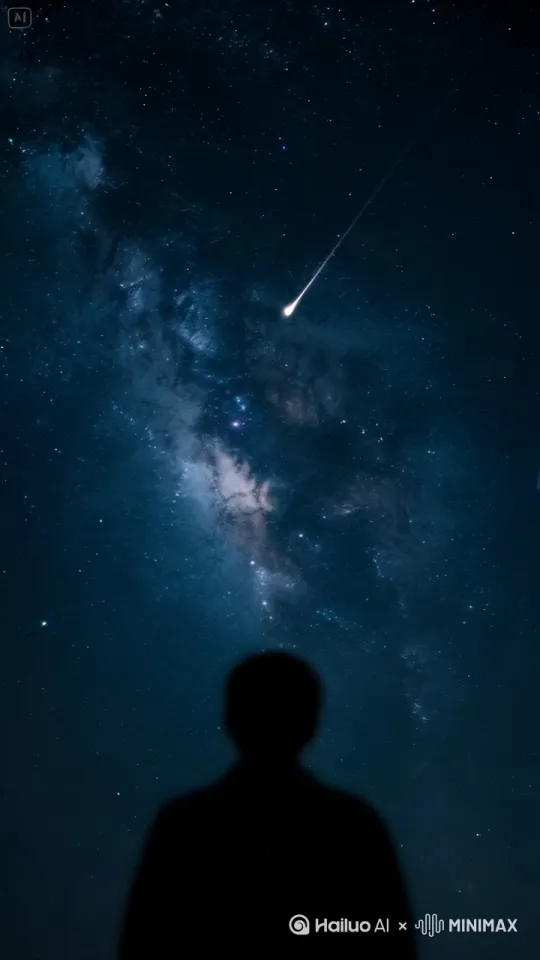 固定镜头视角，深邃宁静的夜空布满闪烁繁星。一颗明亮的流星划过天空，拖着长长的发光尾迹，留下转瞬即逝的光痕。场景的其余部分完全静止，突显流星在繁星宇宙的静态背景下独自移动，散发出宁静而梦幻的氛围。 by Hailuo AI Video Generator