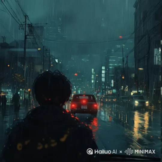 [推进,上升]雨天男人在大街行走 by Hailuo AI Video Generator