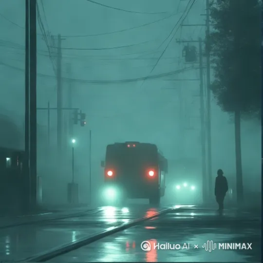 [推进,变焦推进,跟随]雨天，黑夜，汽车前进在街道 by Hailuo AI Video Generator
