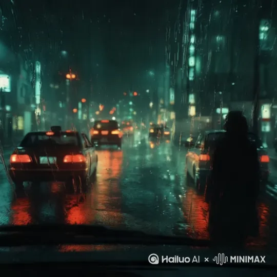 [推进,变焦推进,跟随]雨天，黑夜，第一视角，汽车车内，汽车前进 by Hailuo AI Video Generator
