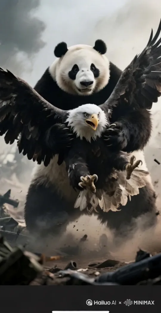 以电影质感呈现画面，起始于在硝烟弥漫的战场中，一只大熊猫露出尖锐獠牙，双爪紧紧抓住白头鹰的两只翅膀，使其动弹不得的近景特写静态画面。随后，画面以缓慢而富有张力的方式推近，着重刻画大熊猫因用力而微微颤动的肌肉和它充满斗志、凶狠的眼神，毛发在气流中轻微飘动。同时，白头鹰奋力挣扎，翅膀不断抖动，羽毛四散纷飞，喙部剧烈开合，发出尖锐的鸣叫，伴随着战场上呼啸的风声和远处隐隐传来的枪炮声。光影上，采用侧逆光，强化二者的轮廓，让阴影在它们身上游移闪烁，增强紧张感和视觉冲击力，整个过程节奏紧凑，扣人心弦。 by Hailuo AI Video Generator