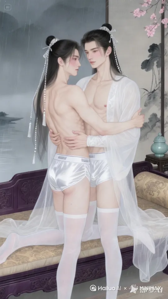 在一个男生靠近时他们亲吻了起来，然后紧紧抱住对方舍不得对方离开 by Hailuo AI Video Generator
