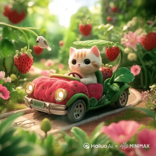 小猫咪开着车在小路上向前行驶 by Hailuo AI Video Generator