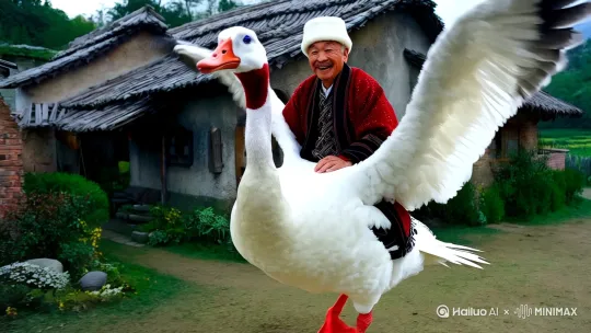 一位农村幸福养鹅老人，头戴白色毡帽，骑上农家小院一只白鹅去寰宇旅行。老人目光有神，身穿土家族对襟衣、大裤衩，骑在一只全身雪白、头顶红色、眼睛幽蓝的大白鹅身上，朝宇宙空间飞去。飞行身下是小小地球，寰宇之间是白云朵朵，镜头要一直向前移动。 by Hailuo AI Video Generator
