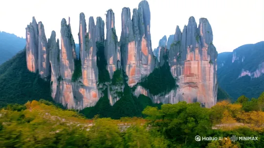 《永康五指峰：触摸自然与神话的奇幻之旅》在永康的山水画卷中，五指峰宛如一颗璀璨的明珠，以其独特的自然景观和深厚的文化底蕴，吸引着无数游客前来探寻。五指峰位于永康市最北部，主峰海拔712米[^0^]。远远望去，五座山峰如巨手伸向天空，仿佛在诉说着古老的传说。这里汇聚了流纹岩地貌、森林生态、飞瀑流泉、人文古迹等四大景观，雄、险、奇、秀、幽、古的特色兼具[^1^]。沿着蜿蜒的山路前行，你会邂逅“灵山八景”：春日的“柘岭春荫”、秋日的“鹊桥秋色”、冬日的“独峰霁雪”，还有那“七叠飞泉”“古塘落雁”等美景，每一步都是一幅绝美的画卷[^2^]。而五指峰的魅力远不止于此。这里还有众多网红打卡项目：浙中最长的飞拉达，全长约1400米，勇士线和体验线可供不同年龄段的游客选择[^3^]；世界上最大的佛手天空之镜，金光闪闪的佛手平台，仿佛有灵气汇聚，庇佑着游客一生安康[^4^]；还有悬崖彩虹滑道、飞天魔毯、丛林穿越等项目，让你在体验刺激的同时，也能欣赏到沿途的美景[^5^]。此外，五指峰还深挖西游文化，推出了西游悬崖高空表演和美猴王高杆不倒翁表演，精彩绝伦的动作和表演，让人仿佛置身于西游世界的奇幻之中[^6^]。在五指峰，你不仅能欣赏到大自然的鬼斧神工，还能感受到深厚的文化底蕴。这里流传着如来佛用手掌压住孙悟空的传说，还有“金”对“斤”的五指岩生姜故事[^7^]。这些故事为五指峰增添了一份神秘色彩，让人流连忘返。五指峰，是一处不可多得的世外桃源。在这里，你可以远离城市的喧嚣，呼吸着清新的空气，感受大自然的宁静与美好。无论是攀登高峰，还是漫步林间，五指峰都会给你留下难忘的回忆。快来永康五指峰，开启一场奇幻之旅，让心灵在这片神奇的土地上得到滋养[^8^]。[右移,左摇,跟随][右移,左摇,跟随] by Hailuo AI Video Generator