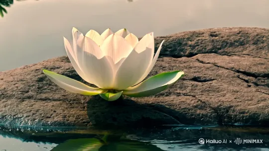 画一朵白色的莲花在一个石头上开放。 by Hailuo AI Video Generator