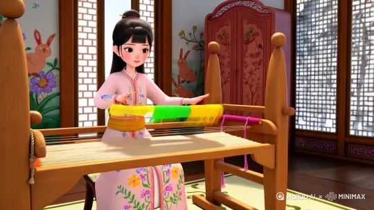2. 景别：全景
 
3. 画面：阳光透过精美的雕花窗户，温柔地洒在一间充满古韵且布置温馨的3D卡通风格闺房内。房间中央放置着一台颇为庞大的木质织布机，其长度约占房间宽度的三分之一，高度接近木兰身高的一半 ，织布机纹理清晰，色彩古朴。木兰身着淡粉色、绣着细腻花朵图案的唐装，那花朵色彩娇艳，仿佛在微风中轻轻摇曳。她坐在织布机前特制的高脚凳上，双脚刚好能够舒适地踩动踏板。她双手轻快地操控着彩色梭子，梭子在经纬线间如灵动的精灵般穿梭，织布机发出欢快而有节奏的“唧唧”声。房间的角落摆放着一个精致的木质衣柜，衣柜上雕刻着栩栩如生的小动物形状装饰，有活泼的小兔子、灵动的小鸟等。墙壁上挂着几幅童趣十足的花鸟画，画中的鸟儿仿佛要展翅飞出画面。
 
4. 台词/旁白：无
 
5. 音乐/音效：轻快的鸟鸣声，织布机“唧唧”声，轻微的风声
 
6. 拍摄地点：室内（木兰闺房） by Hailuo AI Video Generator