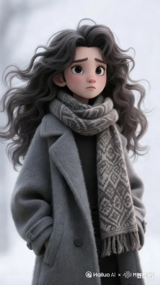 女孩儿不开心的左右看，天空暗了下来，雪花飘落， by Hailuo AI Video Generator