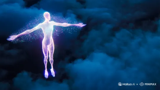 【基础提示词】
一位半透明能量体人形悬浮于万米高空，流体光纹在灵体表面流淌，虹色粒子如星尘环绕周身。他双臂舒展如白鹤亮翅，脚下云海翻涌形成气旋涡流，晨光穿透身体在地面投下七彩光斑。背景中隐约可见悬浮岛屿与反重力飞船，大气电离现象在身侧产生极光般的光幕。

【赛博朋克变体】
霓虹义体人背部展开六组等离子推进翼，东京夜空中划过数据流残影。全息广告穿透他半机械化的身体，人工降雨在力场护盾上激发出量子涟漪。下方浮空车流编织成光之网络，左眼植入的AR界面显示着飞行轨迹的算法参数。

【奇幻神话变体】
羽衣仙人脚踏云龙穿梭雷暴云层，衣袂飘带化作流火轨迹。手中玉净瓶倾泻银河星沙，发髻间插着的青铜剑共鸣出龙吟声波。十二道功德金轮在脑后旋转，每轮映现不同天宫幻境，脚下群山中的凡人正仰望这渡劫飞升的奇景。

【超现实变体】
人体解构成几何色块在克莱因瓶空间内重组飞行，莫比乌斯环状气流托举着破碎又重生的躯体。每一块碎片都在折射平行世界的飞行姿态，背景中达利风格的融钟漂浮在非欧几里得建筑群间，超立方体云朵释放出拓扑学闪电。

【动态细节强化】
• 音爆云在亚音速急转时形成圆锥冲击波
• 失重状态下发丝呈现海藻状慢速飘动
• 空气动力学尾迹与候鸟群产生流体互动
• 急降时衣物产生的驻波褶皱与压力形变

【光影特效关键词】
离子辉光/丁达尔效应/空气棱镜折射/量子隧穿光痕/等离子体鞘套/时空曲率透镜/超流体涡环/相干衍射图案

您可以根据需要组合或调整这些元素，建议优先确定核心意象（如"能量体"、"义体人"、"仙人"等），再叠加环境特征与特效元素。若需要更精准的风格定位，可提供具体艺术流派或参照作品进行深度定制。 by Hailuo AI Video Generator