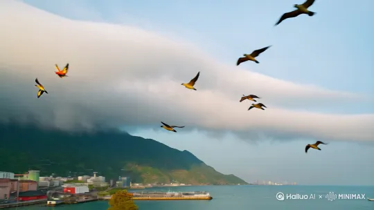 [左移,上升] 深圳湾的候鸟衔来暖色，梧桐山的云瀑漫过新芽，华侨城的旧厂房被三角梅染成油画。不必追赶地铁时速，共享单车的齿轮正与落花私语。 by Hailuo AI Video Generator