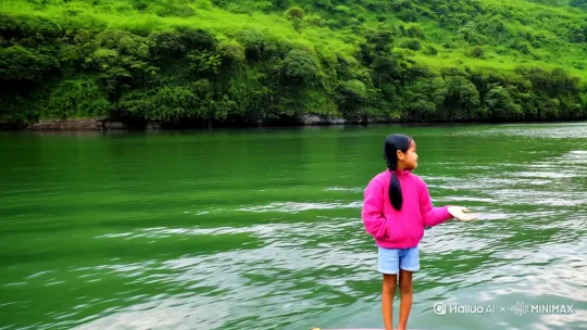 一位土家族的少女乘船游览清江画廊后，然后乘坐旅游大巴去看恩施大峡谷及利川腾龙洞，并配上优美音乐 by Hailuo AI Video Generator