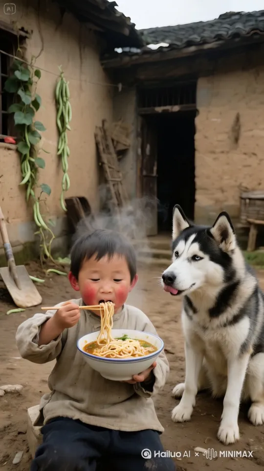 [中文提示词]在温馨的小院里，一个小孩正蹲在地上开心地吃着面，旁边这只狗狗突然把嘴巴伸到小孩的面碗里，一口气将面吃光。小孩见状气得哇哇大哭。镜头从侧面平移过来，画面风格温暖写实，充满生活气息，呈现出活泼又有趣的氛围。 by Hailuo AI Video Generator