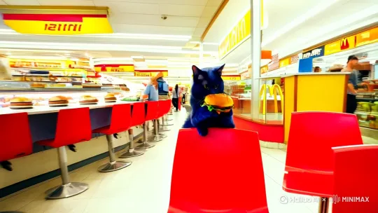 一只蓝猫人在麦当劳吃汉堡。 by Hailuo AI Video Generator