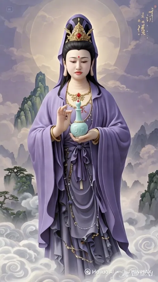 [固定镜头]菩萨背后光圈在转动，菩萨庄严相，手持杨柳枝在洒净 by Hailuo AI Video Generator