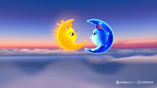 在美丽在云端上，一个太阳（长着黄色胖猫的脸）和一个长着蓝色胖猫脸的月牙（一定是月牙）在一起说话。注意，一定主体是太阳和月亮。但是脸一定是我要求的那样子。不要喧宾夺主。不能完全是猫 by Hailuo AI Video Generator