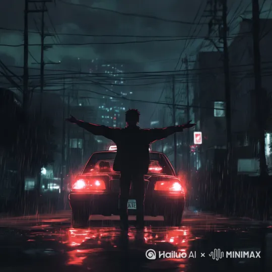 雨天 夜晚，男人张开双臂拦住车 [左移,推进,右摇] by Hailuo AI Video Generator