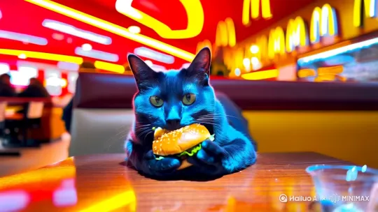 蓝猫人在麦当劳吃汉堡。 by Hailuo AI Video Generator
