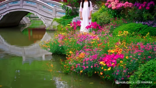 四周繁华似锦，运处小桥流水，年轻的广东少女在花前流连忘返 by Hailuo AI Video Generator