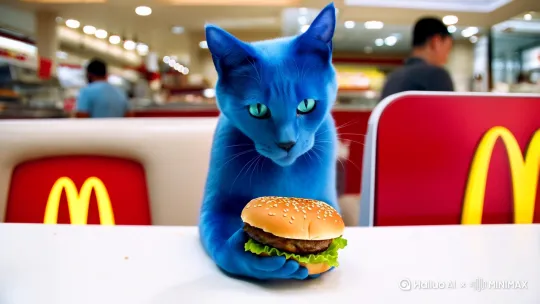 蓝猫人在麦当劳吃汉堡。 by Hailuo AI Video Generator