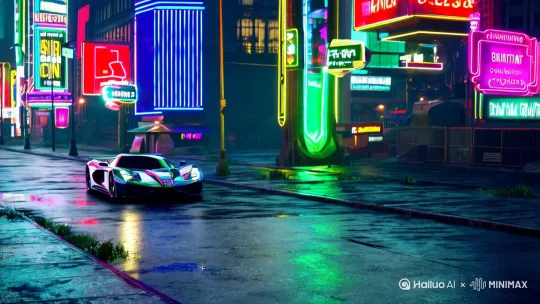 一辆炫酷跑车在霓虹灯光下行驶，夜晚，赛博朋克[下降,上摇] by Hailuo AI Video Generator
