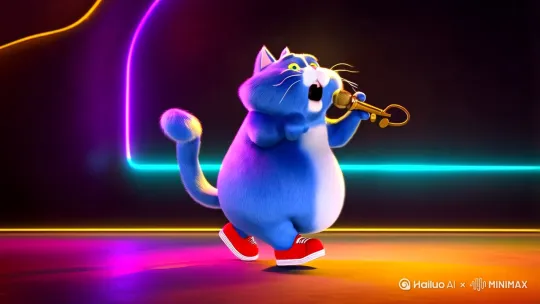 【主体】"A chubby cartoon-style blue cat with fluffy fur, anthropomorphic human-like hands and feet wearing tiny red sneakers, standing upright on a concert stage"
【动作】"singing passionately into a vintage microphone with visible musical notes radiating from its mouth, performing dynamic dance moves that jiggle its round belly"
【场景】"neon-lit stage with spotlights creating rainbow halos, holographic disco ball projecting star patterns, animated audience silhouettes cheering in purple fog"
【风格】"3D Pixar-style animation with soft cel-shading, hyper-detailed fur texture showing individual strands, exaggerated squash-and-stretch movement physics"
【增强细节】"dramatic low-angle camera emphasizing stage height, cinematic depth of field with floating glitter particles, warm rim lighting contrasting cool blue fur, subtle perspiration effects on forehead"
【氛围】"retro 80s synthwave aesthetic with CRT screen glitch effects, vaporwave color palette of teal/pink/orange gradients, glowing outline during chorus climax"
建议分镜描述:
1. 开场镜头:旋转镜头从顶部俯拍展示舞台全貌
2. 中景:侧45度跟拍猫歌手走动时尾巴的摆动物理
3. 特写:爪部弹指打拍子的慢动作特写
4. 全景拉伸:随着高音镜头急速后拉展现观众反应
5. 结束画面:聚光灯收缩时的瞳孔光晕残留效果
可调整参数:
- 毛发光泽度:+40%
- 动作幅度:70-85%
- 色温:6500K→4700K增强戏剧感
- 粒子密度:每帧35-50个音符特效 by Hailuo AI Video Generator