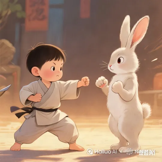 固定镜头，史诗级萌娃格斗小兔子，连续出手踢腿，场面激烈，尘土飞扬，写真，高清摄像 ，中景 by Hailuo AI Video Generator
