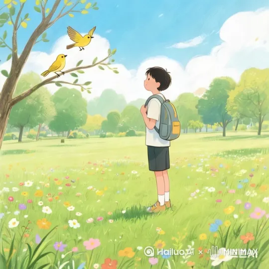 小鸟在唱歌，青草在摆，男孩也做出了一些动作 by Hailuo AI Video Generator