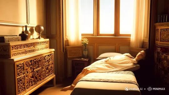 1 全景 阳光透过窗户洒在布置古典的小房间，床上林黛玉翻身起床，睡眼惺忪，看着周围现代与古典融合的装饰发愣[推进] by Hailuo AI Video Generator