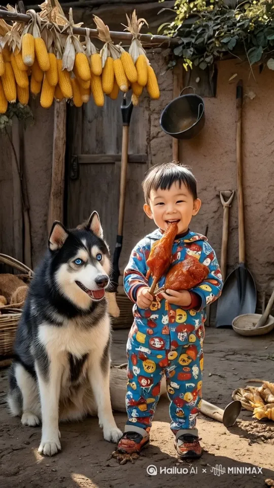小孩正在吃鸡腿 突然让狗吃了  气的小孩跟狗对打  对打  互殴起来 by Hailuo AI Video Generator