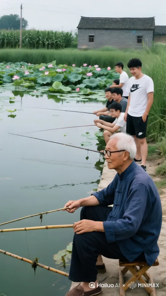 的水面突然移动   钓鱼的大爷从湖里钓出一条巨龙，挂着大野飞向天空 by Hailuo AI Video Generator
