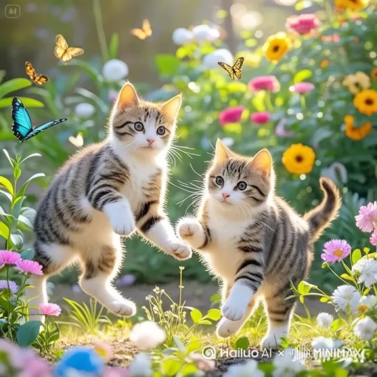 两只猫猫追蝴蝶的画面，用远到近的焦距拍摄 by Hailuo AI Video Generator