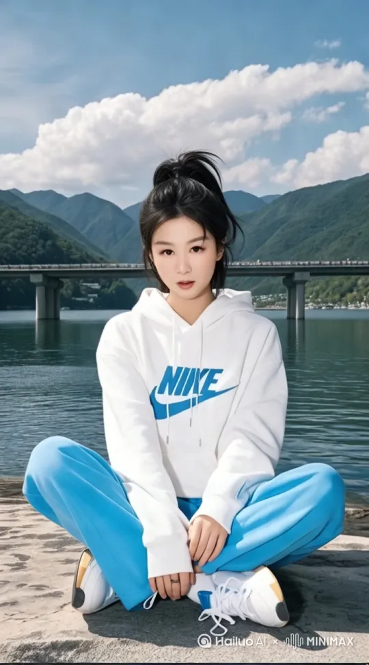 拍摄六秒短视频，画面为一位身着白色耐克连帽衫和蓝色运动裤的女孩，在湖岸原地起跳，完成空中后滚翻入水动作，入水瞬间特效处理使其能在水面疾跑，快速冲向对岸，接着高高跃起稳稳落在桥上，最后从桥上借力腾空飞向对面高山，全程运镜流畅，动作连贯，特效自然，风格酷炫动感。 by Hailuo AI Video Generator