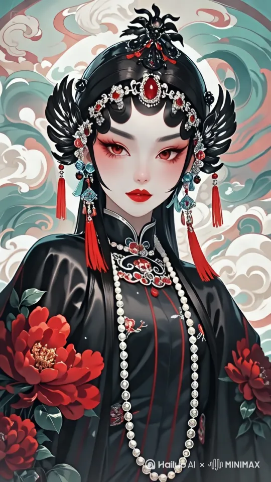 镜头从这位穿着华丽戏服的女性的脚部开始缓缓上移，清晰展示她绣有牡丹花的黑色戏服，镜头继续上移至她脖子上的珍珠项链，再到耳朵上的耳坠，最后定格在头戴精致发饰的面部，画面风格古典华丽，氛围优雅。 by Hailuo AI Video Generator