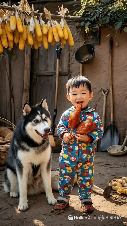 小孩正在高兴的吃着鸡腿  小狗突然把他手机的的鸡腿吃掉  小孩又蹦又跳用中国功夫和小狗打起来 小狗站起来快速打出20拳打小孩 by Hailuo AI Video Generator