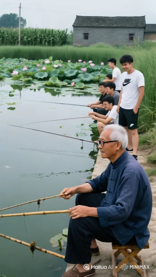 池塘里的水突然一阵晃动 大爷用手中的鱼竿钓起一条论语有中国龙的头部特征，跟鲤鱼的身体 这条龙鱼  在水里跳了一下，溅起庞大的水花 by Hailuo AI Video Generator