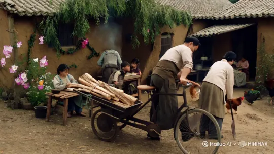 烟袅袅。

怀旧温情风：记忆里那70 - 80年代的农村，矮瓦房静静伫立。院角扫帚、扁担摆放整齐。柳树下，父亲骑着大梁自行车，后座捆着新打的柴。母亲在屋内张罗饭菜，孩子们穿着朴素，院里花朵随风摇曳，处处洋溢着温暖烟火气。

生动细腻风：70 - 80年代的农家小院，土坯墙爬满牵牛花。门口停放着一辆掉漆的手推车，车上搁着镰刀、簸箕。身着补丁衣的大人正往屋里抱柴火，孩子趴在木桌写作业。院外大树下，母鸡咯咯觅食，生活平实而鲜活。 by Hailuo AI Video Generator
