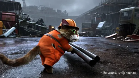 小猫在工地上干活，穿着橘黄色工人的衣服，戴着头盔，衣服脏兮兮很破烂，扛着钢筋，杂乱工地，落魄的神情，穷困潦倒，天空下着雨，十分疲惫 by Hailuo AI Video Generator